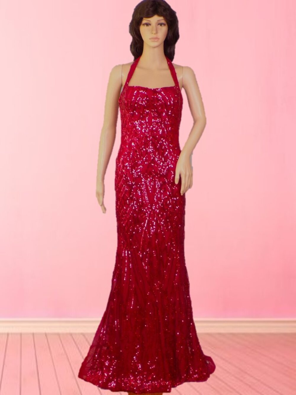 B. DARLIN size 11/12 red sequined off-the-shoulder full-length mermaid gown